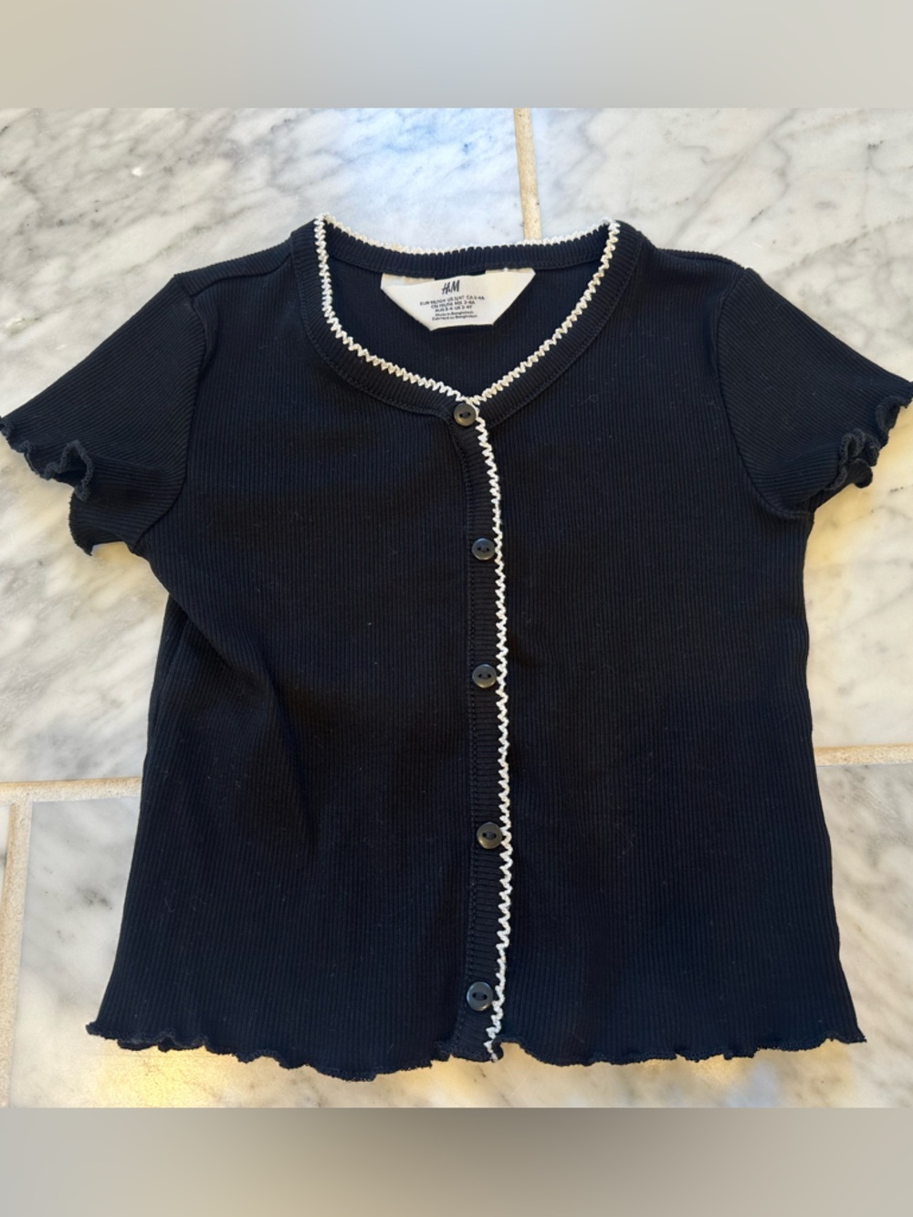 H&M Black Short-Sleeve Ribbed Cardigan with White Trim